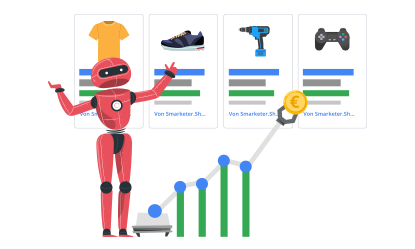 Illustration eines Roboters vor Google Shopping Anzeigen für Kleidung Schuhe Werkzeug und Spielekonsole mit Diagramm das steigende Umsätze zeigt.
