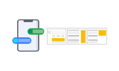 Illustration eines Smartphones mit Chatblasen und drei Webseiten-Layouts mit hervorgehobenen Werbeflächen.
