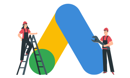 Illustration von zwei Personen mit Werkzeugen die am Google Ads Logo arbeiten.