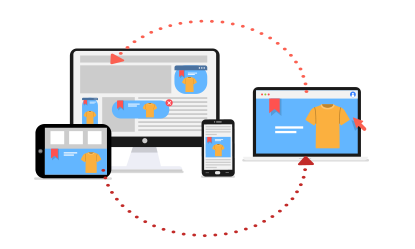 Illustration von Desktop Laptop Tablet und Smartphone die alle dieselbe Anzeige für ein gelbes T Shirt zeigen als Symbol für geräteübergreifendes Remarketing.