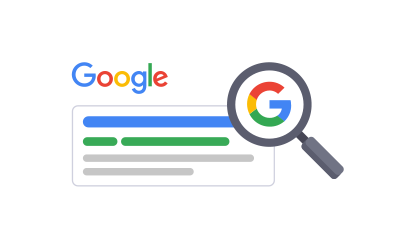 Illustration des Google Logos mit Suchergebnis und Lupe als Symbol für Suche.