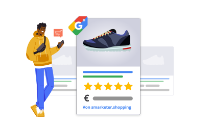 Illustration eines Mannes mit Smartphone der eine Google Shopping Anzeige für einen Sportschuh mit Bewertungen und Preis betrachtet. Unter der Anzeige steht "Von smarketer.shopping".