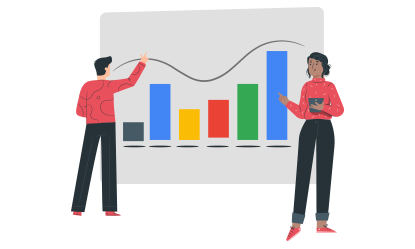 Illustration von zwei Personen die vor einem Diagramm mit bunten Balken und einer Verlaufslinie stehen als Symbol für Wachstum.