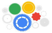 Illustration von Zahnrädern in den Google Farben die ineinandergreifen und Zusammenarbeit symbolisieren.